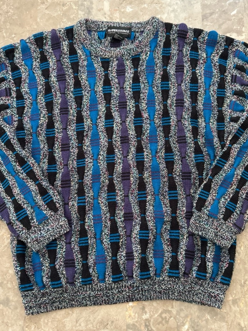 Vintage 1980s Expressions International Geometric Knit Sweater L Hong Kong